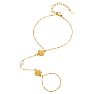 Elegante pulsera de dedo con concha perla oro acero inoxidable joya de mano mujer