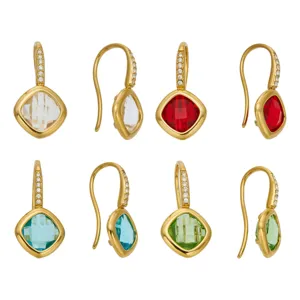Elegant stainless steel cushion-cut crystal drop earrings with sparkling pave zirconia hooks.