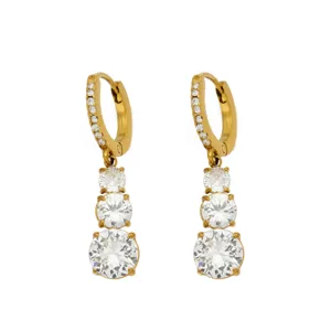 Gold Plated Triple Zircon Drop Hoop Earrings Fashion Women Elegant Jewelry Main Image
