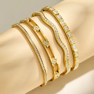 Women gold stainless steel multi-layer zircon cuff bracelet set, chic stylish jewelry.
