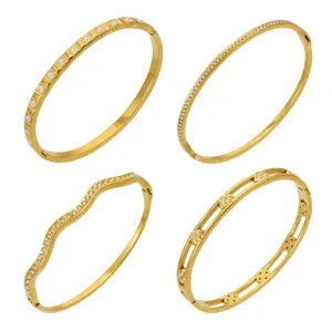 Gold Stainless Steel Zircon Bangle Set Women Fashion Luxury Open Cuff Bracelets Jewelry