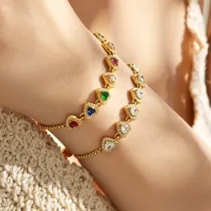 Gold-plated heart multi-color cubic zirconia adjustable tennis bracelet detail shot