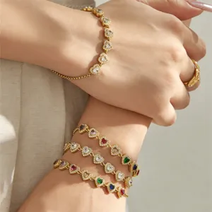 Niche Stainless Steel Gold Plated Heart Bracelet With Multi Color Cubic Zirconia Adjustable Chain Jewelry For Women Elegant Gift