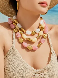 Collier multibrins en résine et perles métalliques, chaîne claviculaire bohème pour femmes.