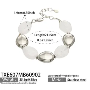 Bracelet perles galet en acier inoxydable avec pierres résine, détail longueur 21+5cm.