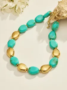 Élégant collier de perles turquoise et dorées, bijoux de mode minimalistes en acier inoxydable.