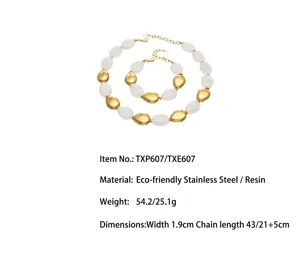 Ensemble de bijoux collier et bracelet en acier inoxydable et résine ovale chic.