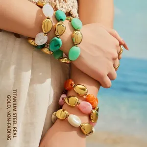 Ensemble de Bijoux en Acier Inoxydable avec Perles en Résine Collier Bracelet Ovale Macaron pour Femmes