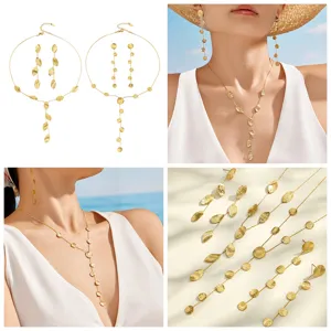 Detailed view of the stainless steel hammered disc fringe earrings and long Y necklace set details.