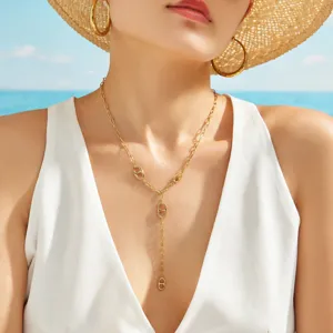 Gold Y-shaped link necklace for women stainless steel fashion jewelry beach style accessories