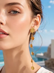 Chic stainless steel hammered disc long tassel earrings for trendy daily outfits.