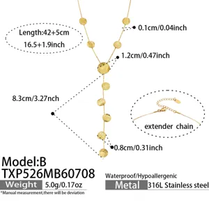 Detailed view of the gold stainless steel Y-shaped necklace with hammered coin disc pendants.