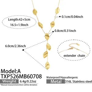 Detail view of the gold tone stainless steel hammered leaf Y-shaped necklace with extender chain.