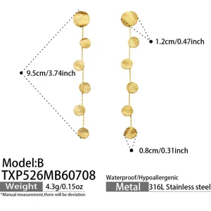 Stainless steel textured disc fringe long earrings fashion geometric statement jewelry for women