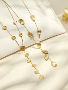 Gold stainless steel hammered disc long Y necklace set, delicate detailed jewelry accessory.