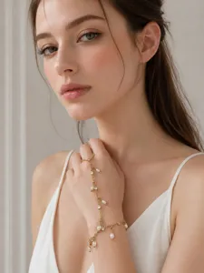 Primer plano de la delicada pulsera de mano dorada decorada con perlas finas y brillantes estrás.