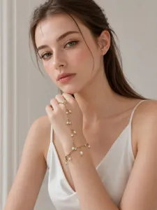 Elegante pulsera de esclavo dorada con perlas y cristales, delicada joya de cadena para dedo.