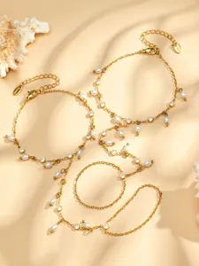 Estilo francés acero titanio perla diamantes de imitación cadena de mano pulsera