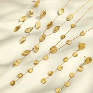 Minimalist Stainless Steel Hammered Disc Leaf Tassel Pendant Necklace Long Y Shape Choker Chain Drop Earrings Jewelry Set Women