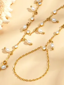 Cadena de cuerpo dorada estilo vintage perla circonita arnés de mano pulsera anillo integrado