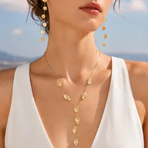 Elegant stainless steel hammered disc tassel earrings and long Y necklace set for women