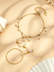 Pulsera de anillo integrada de acero inoxidable estilo francés con perlas y diamantes.