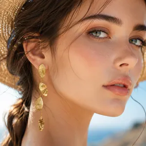 Gold hammered leaf long dangle earrings for women fashion statement jewelry beach accessory