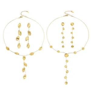 Gold stainless steel hammered leaf and disc long Y necklace tassel earrings set