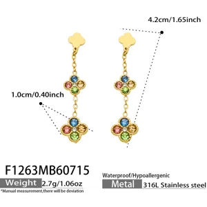 Orecchini lunghi pendenti quadrifoglio in zircone colorato doppio strato in acciaio inox.