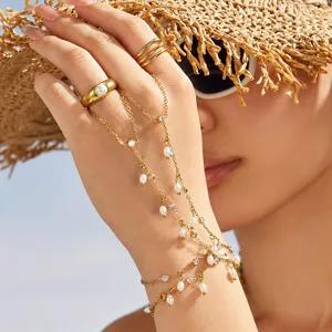 Elegante cadena de mano de acero titanio pulsera esclava con perlas y cristales mujer