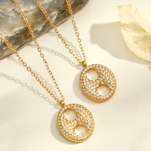 Collier en acier inoxydable plaqué or 316L avec pendentif ovale zircone, bijou élégant pour femme.