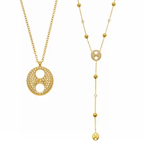 Collier Pendentif Maillon Ancre Pavé Zircon Or Et Ensemble De Collier Y Pour Femmes