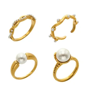 Unregelmaessige Kurven Perlen Ring Edelstahl 18k vergoldet elegante trendige Schmuck Damen