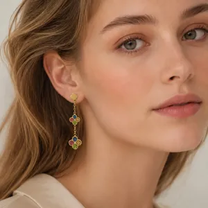 Lussuosi Orecchini a Pendolo in Acciaio Inossidabile Zirconia a Trifoglio per Donna Placcati in Oro Doppio Strato Catena Lunga Ipoallergenici Geometrici Regalo Festa