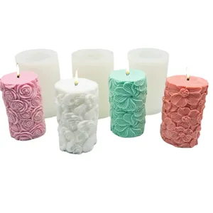 Cylinder scented candle silicone mold set with retro rose and floral relief designs for decor