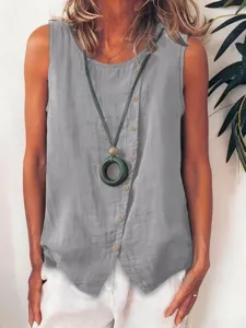 Donna casual smanicata camicetta bottoni morbida girocollo asimmetrica top elegante