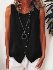 Top smanicato nero da donna con bottoni laterali e comodo scollo rotondo per estate.