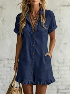 Detailed view of the elegant casual solid color short sleeve button romper with side pockets.