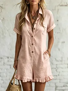 Women solid color short sleeve lapel button romper casual summer loose playsuit with pockets