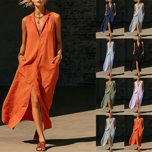 Dames mouwloze revers split zakken maxi jurk casual lange jurk voor de zomer