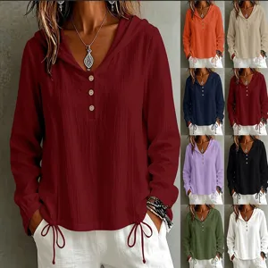 Top Casual Tinta Unita Con Cappuccio Manica Lunga Da Donna Collo A V Coulisse Bottone Ampia Moda Camicetta Camicia Per Uso Quotidiano