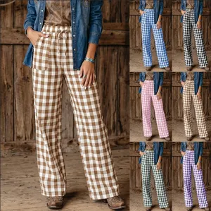 Stylish plaid casual loose straight long pants for women, multi-color variant display.