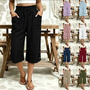 Women's Casual Loose Solid Color Drawstring Mid-Waist Polyester Short Pants Summer Fashion Leisure Straight Leg Bottoms