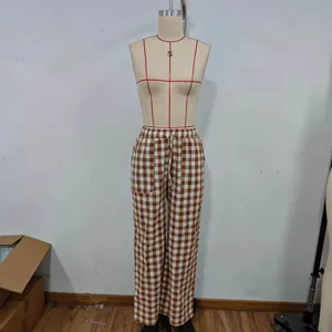 Brown checkered loose casual straight trousers for women comfortable autumn daily wear