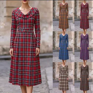 Damen Vintage Kariert Langarm Umlegekragen A-Linie Maxi Kleid Lässig Herbst Winter Lose Elegantes Kleid