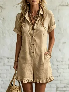 Khaki short-sleeve romper detail, featuring lapel collar, front button closure, and ruffled hem.