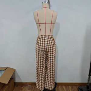 Women Brown Plaid Casual Loose Straight Long Pants Autumn Fashion Chic Trousers Wear