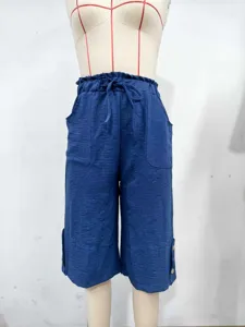 Casual cotton linen women mid-length pants detail, loose fit solid color drawstring waist.
