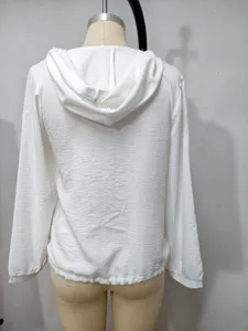 Donna tinta unita con cappuccio manica lunga camicia top casual bianco base dettaglio