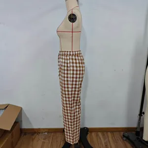 Women casual brown plaid loose straight long pants versatile autumn daily trousers.